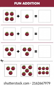 Education game for children fun addition by cut and match cartoon fruit mangosteen pictures worksheet