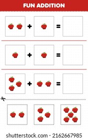 Education game for children fun addition by cut and match cartoon fruit apple pictures worksheet