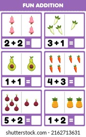 Education game for children fun addition by counting and sum cartoon cashew radish avocado carrot shallot pineapple pictures worksheet