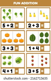Education game for children fun addition by counting and sum cartoon lettuce pear pumpkin watermelon cabbage strawberry pictures worksheet