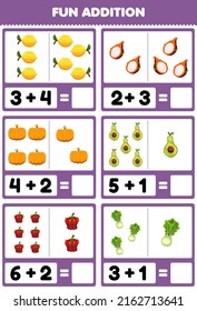 Education game for children fun addition by counting and sum cartoon lemon dragon fruit pumpkin avocado paprika lettuce pictures worksheet