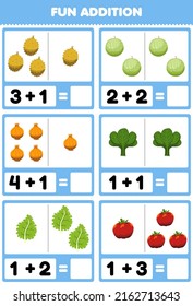 Education game for children fun addition by counting and sum cartoon durian melon onion spinach kale tomato pictures worksheet