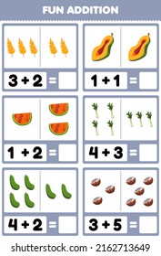 Education game for children fun addition by counting and sum cartoon wheat papaya watermelon leek cucumber coconut pictures worksheet