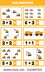Education game for children fun addition by counting and sum cute cartoon heavy machine transportation bulldozer forklift crane dump truck tractor excavator pictures worksheet