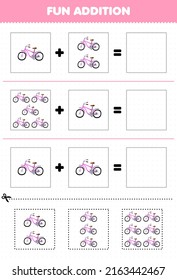 Education game for children fun addition by cut and match cute cartoon transportation bicycle pictures worksheet