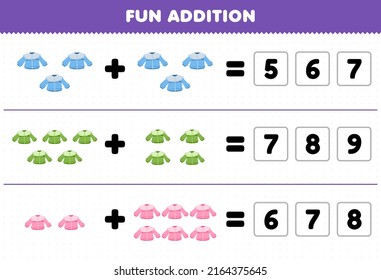 Education game for children fun addition by guess the correct number of wearable clothes blouse printable worksheet