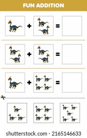 Education game for children fun addition by cut and match cute cartoon prehistoric dinosaur parasaurolophus pictures worksheet
