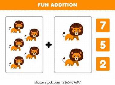 Juego de educación para niños diversión adición por número y elección de la respuesta correcta de la tira de dibujos animados salvaje león animal salvaje hoja de cálculo imprimible