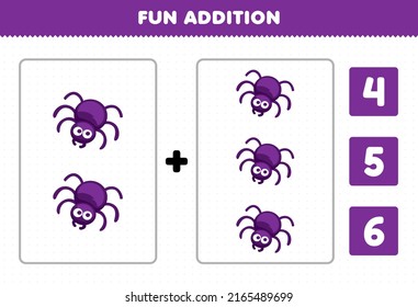 Education game for children fun addition by count and choose the correct answer of cute cartoon insect animal spider printable worksheet