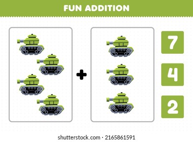 Education game for children fun addition by count and choose the correct answer of cartoon transportation military tank printable worksheet