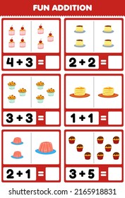 Education game for children fun addition by counting and sum cartoon food cupcake flan muffin pancake jelly pictures worksheet