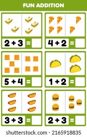 Education game for children fun addition by counting and sum cartoon food sandwich pizza waffle taco hotdog burger pictures worksheet