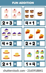Education game for children fun addition by counting and sum cartoon food cake pancake pie pictures worksheet