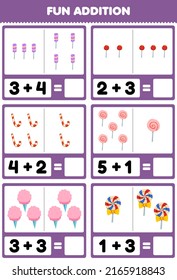 Education Game For Children Fun Addition By Counting And Sum Cartoon Food Candy Pictures Worksheet