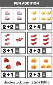 Education game for children fun addition by counting and sum cartoon food salmon egg bacon sausage beef cheese pictures worksheet