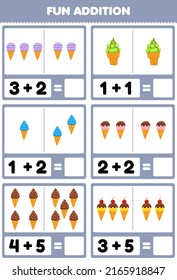 Education game for children fun addition by counting and sum cartoon food ice cream pictures worksheet