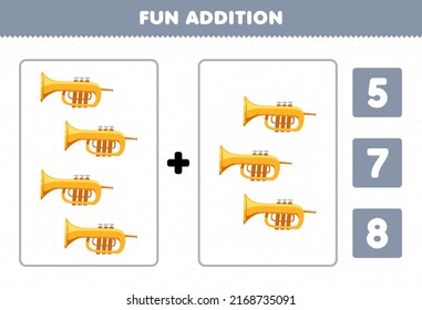 Education game for children fun addition by count and choose the correct answer of cartoon music instrument trumpet printable worksheet