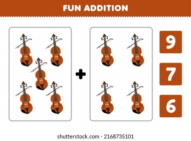 Education game for children fun addition by count and choose the correct answer of cartoon music instrument violin printable worksheet