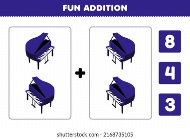 Education game for children fun addition by count and choose the correct answer of cartoon music instrument piano printable worksheet