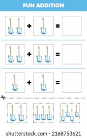 Education game for children fun addition by cut and match cartoon music instrument bass pictures worksheet