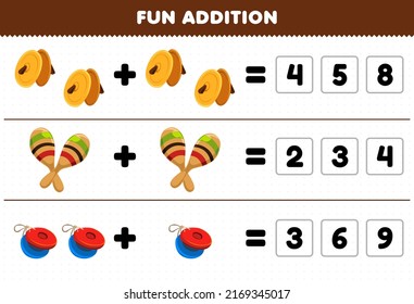 Education Game For Children Fun Addition By Guess The Correct Number Of Cartoon Music Instrument Cymbals Maracas Castanet Printable Worksheet