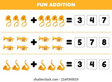 Education Game For Children Fun Addition By Guess The Correct Number Of Cartoon Music Instrument Sousaphone Trumpet Saxophone Printable Worksheet