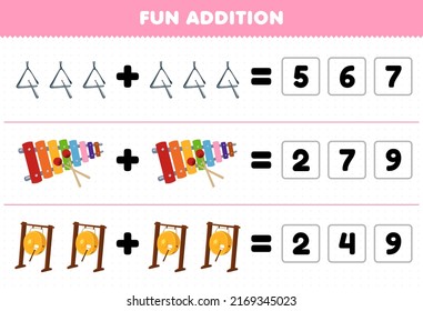 Education Game For Children Fun Addition By Guess The Correct Number Of Cartoon Music Instrument Triangle Xylophone Gong Printable Worksheet