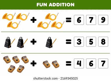 Education Game For Children Fun Addition By Guess The Correct Number Of Cartoon Music Instrument Horn Bell Kalimba Printable Worksheet