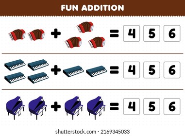 Education Game For Children Fun Addition By Guess The Correct Number Of Cartoon Music Instrument Accordion Keyboard Piano Printable Worksheet