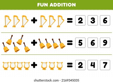 Education Game For Children Fun Addition By Guess The Correct Number Of Cartoon Music Instrument Harp Bell Lyre Printable Worksheet