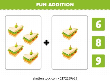 Erziehungsspiel für Kinder Spaß durch Addition nach Zählung und wählen Sie die richtige Antwort auf cartoon food sandwich druckbaren Arbeitsblatt