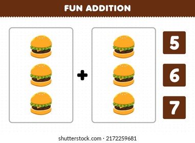 Education game for children fun addition by count and choose the correct answer of cartoon food burger printable worksheet