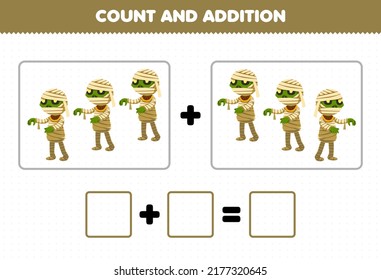Education game for children fun addition by counting cute cartoon mummy pictures printable halloween worksheet