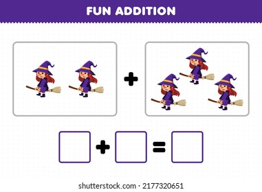 Education game for children fun addition by counting cute cartoon flying witch with broom pictures printable halloween worksheet