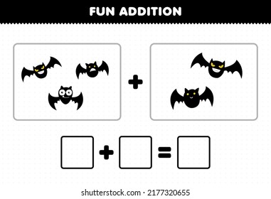 Education game for children fun addition by counting cute cartoon flying bat pictures printable halloween worksheet