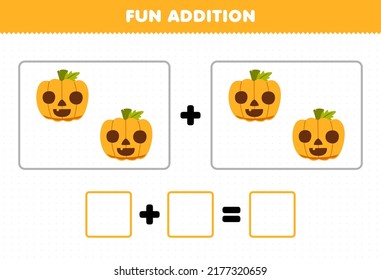 Education game for children fun addition by counting cute cartoon pumpkin with face pictures printable halloween worksheet