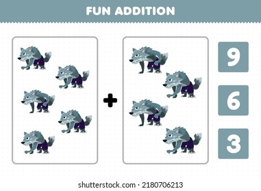Education game for children fun addition by count and choose the correct answer of cute cartoon gray werewolf halloween printable worksheet