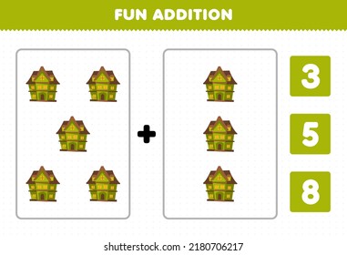 Education game for children fun addition by count and choose the correct answer of cute cartoon green spooky house halloween printable worksheet