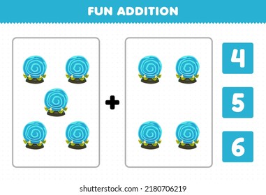 Education game for children fun addition by count and choose the correct answer of cute cartoon blue magic orb halloween printable worksheet