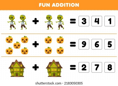 Education game for children fun addition by guess the correct number of cute cartoon pumpkin spooky house zombie halloween printable worksheet