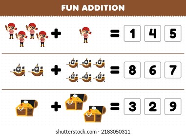 Education game for children fun addition by guess the correct number of cute cartoon treasure chest ship pirate costume halloween printable worksheet