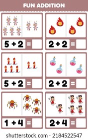 Education game for children fun addition by counting and sum of cute cartoon voodoo doll fire candle potion bottle spider devil girl halloween printable worksheet