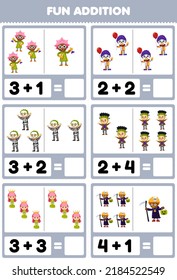 Education game for children fun addition by counting and sum of cute cartoon scientist clown skeleton frankenstein queen costume halloween printable worksheet