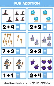 Education game for children fun addition by counting and sum of cute cartoon wizard hat magic orb castle staff cauldron halloween printable worksheet