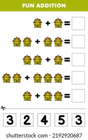 Education game for children fun addition by cut and match correct number for cute cartoon green spooky house halloween printable worksheet