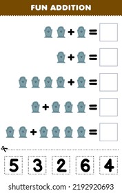 Education game for children fun addition by cut and match correct number for cute cartoon tombstone halloween printable worksheet