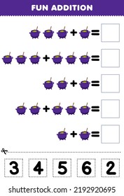 Education game for children fun addition by cut and match correct number for cute cartoon purple cauldron halloween printable worksheet