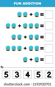 Education game for children fun addition by cut and match correct number for cute cartoon blue magic orb halloween printable worksheet