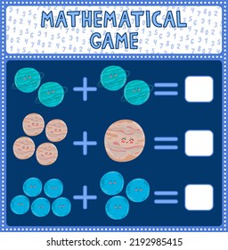 Education game for children fun addition by guess the correct number of cute cartoon uranus jupiter neptune. Printable worksheet