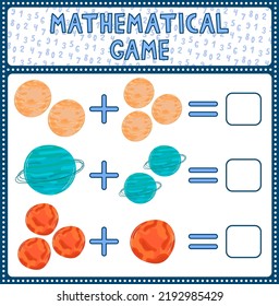 Education game for children fun addition by guess the correct number of cute cartoon mercury uran mars. Printable worksheet